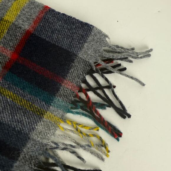 J. Crew x Abraham Moon Merino Wool Plaid Scarf Gray Blue Yellow Fringe 68 x 11.5 - Picture 5 of 7